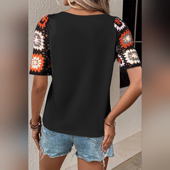 Geometric Round Neck Short Sleeve Blouse. Hit The Like ♡ Button For SALE - Picture 2 of 4